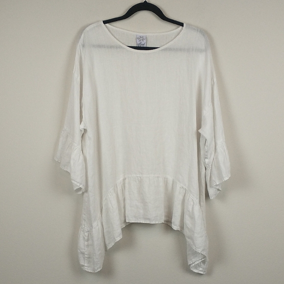 Match Point USA Tunic Top Womens XL White Ruffle Lagenlook Linen Hanky Hem Beach - Picture 1 of 7